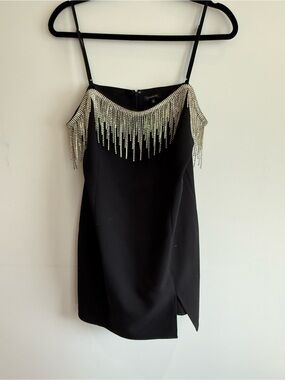 Black Rhinestone Fringe Slip Dress